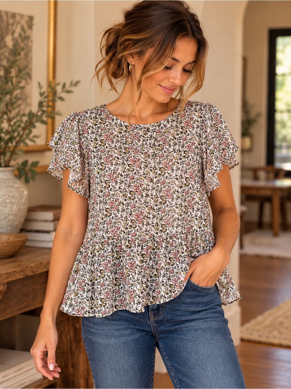 LOFT Floral Flutter Sleeve Peplum Blouse Small Keyhole Back